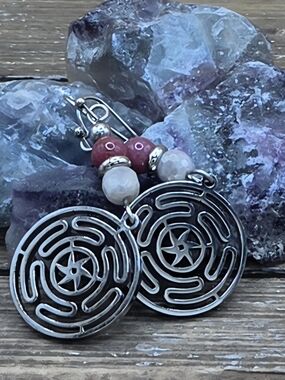 Lavender Jade, Thulite And Stainless Steel Hekate's Wheel Earrings